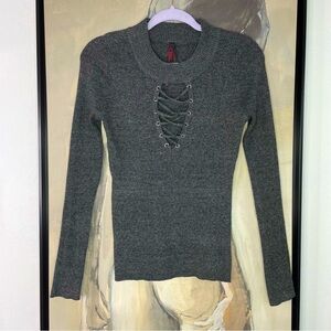 YOKI Gray Ribbed Cut Out Lace Up Slim Fit Sweater
